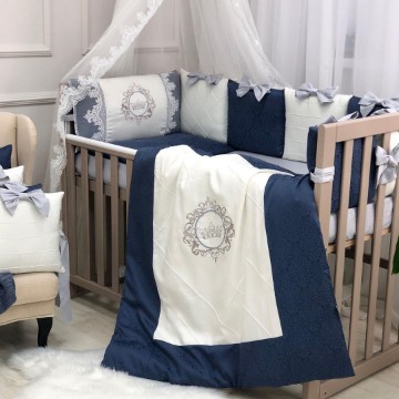 Set lenjerie pătuț copii / bebe 8 piese Elegance albastru închis